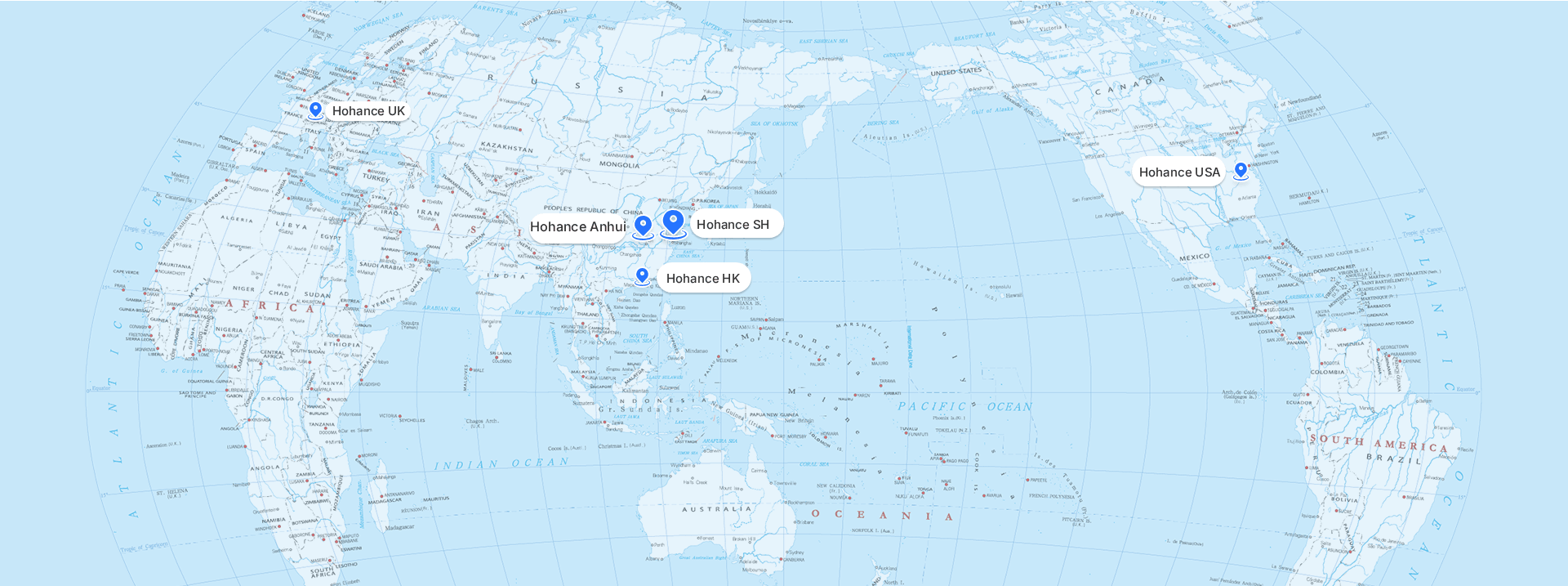 World map with Hohance locations: Manchester UK, Maryland USA, Anhui factory, Shanghai headquarters and R&D center, and Kowloon Hong Kong office.